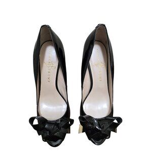 Ivanka Trump Black Leather Peep Toe Heels Bow Detail 4-Inch Stiletto Heel Women'